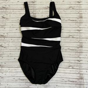 Longitude Women's Size 14 Black White One Piece Swimsuit Square Neck